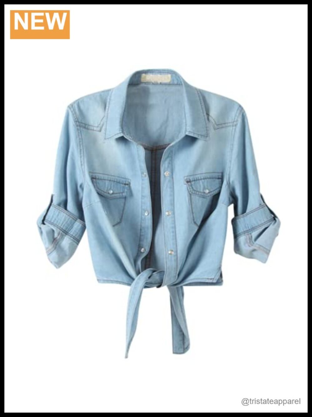 Crop Denim Button Down Top 3/4 Sleeve Tie Front Chambray